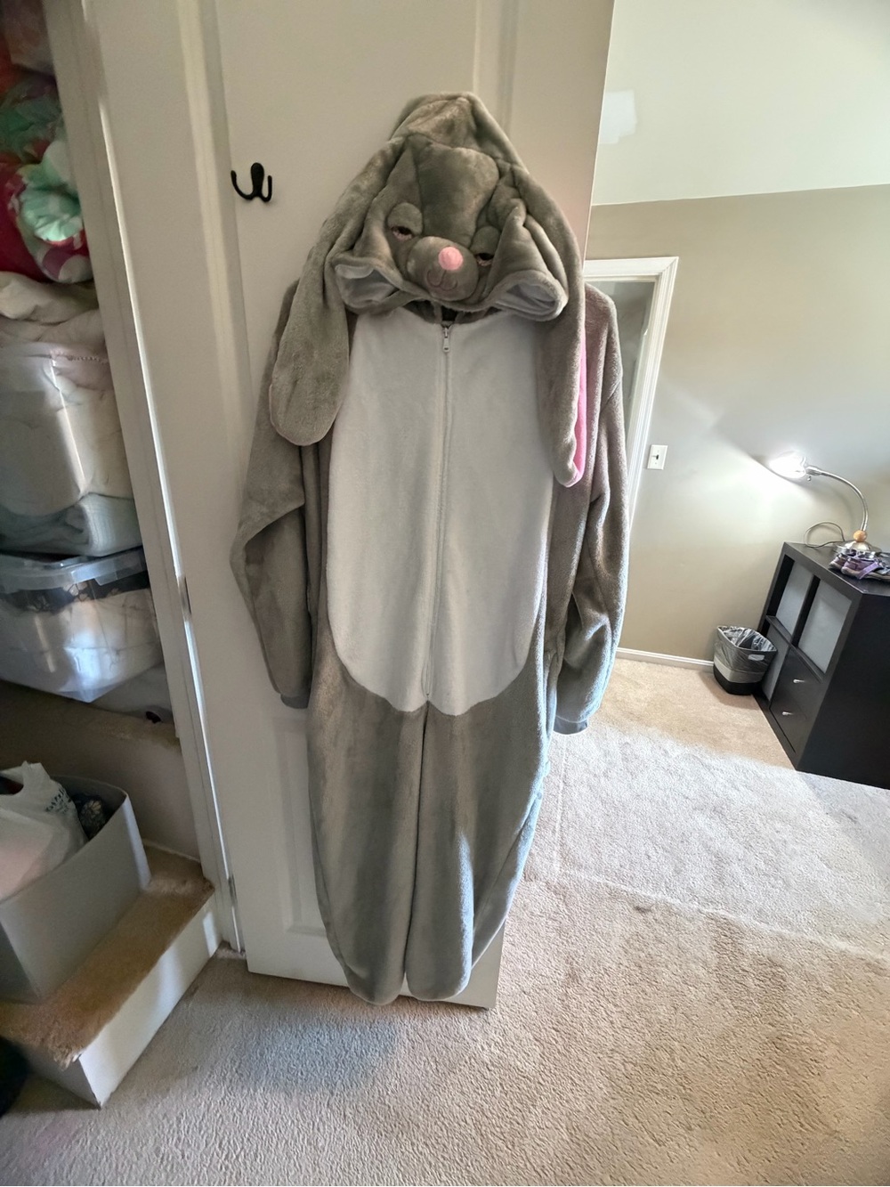 Plush Grey Bunny Onesie with Hood and Ears